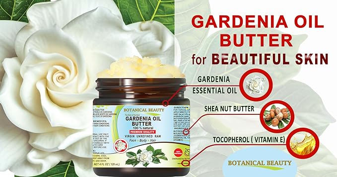 Botanical Beauty GARDENIA OIL BUTTER 100% Natural Gardenia Essential Oil in Shea Nut Butter for FACE, SKIN, BODY, HAIR, NAILS. Beauty Skin Moisturizer Oil Butter. (4 Fl Oz)