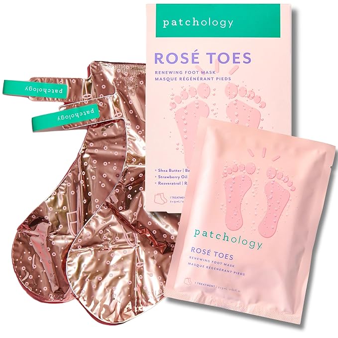 Patchology Rosé Toes Moisturizing Foot Mask – Shea Butter & Strawberry Scented Booties for Dry, Cracked Feet, Disposable Spa Socks with Resveratrol for Soothing Foot Care, Self-Care Essentials