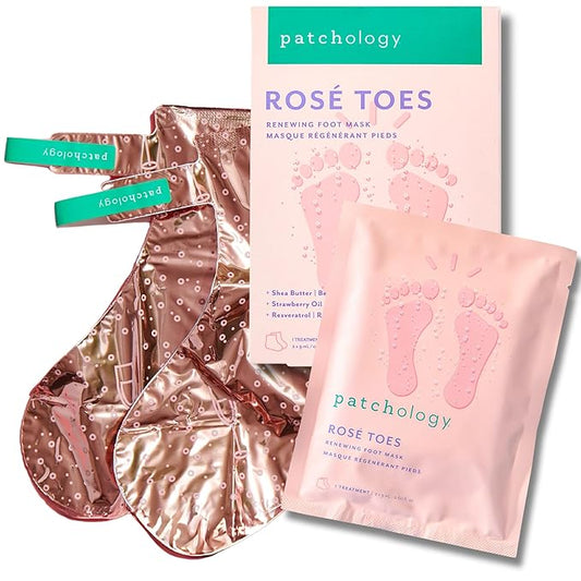 Patchology Rosé Toes Moisturizing Foot Mask – Shea Butter & Strawberry Scented Booties for Dry, Cracked Feet, Disposable Spa Socks with Resveratrol for Soothing Foot Care, Self-Care Essentials