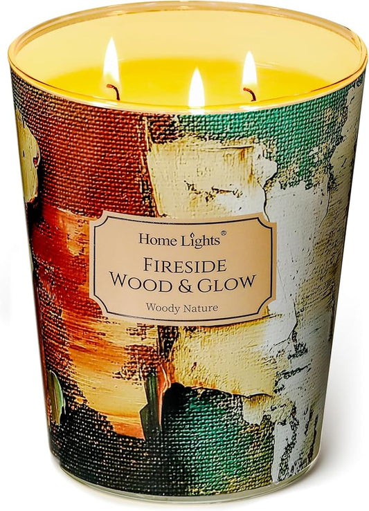HomeLights 3-Wick Candles for Home Scented - 34oz Soy Wax Blend Candle Long-Lasting Fragrance, Industrial Chic Home Decor and Housewarming Gifts, Fireside Wood & Glow