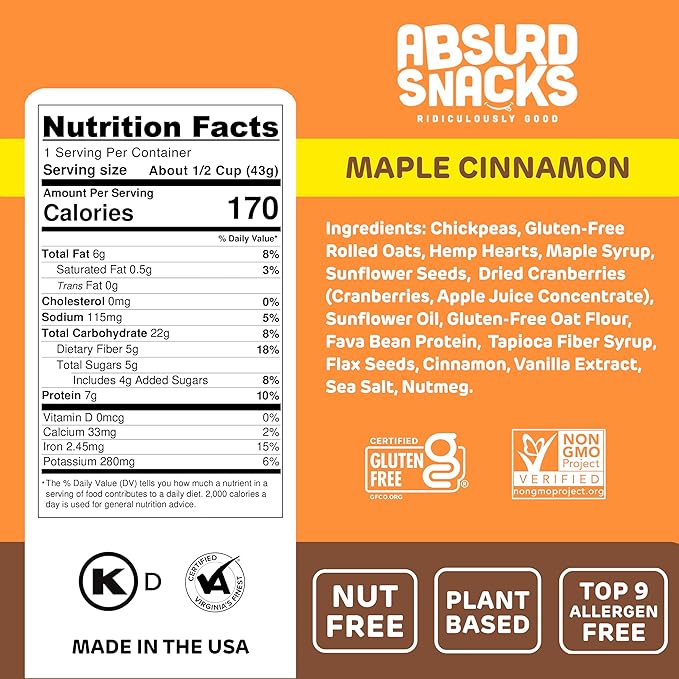 Absurd Snacks Chickpea & Granola Crunch Mix, Nut-Free, Gluten-Free, Plant-Based, Good Source of Protein & Fiber, Top-9 Allergen Free Snack Mix - 8-Pack (1.5 ounce, 8 servings) (8 Pack, Maple Cinnamon)