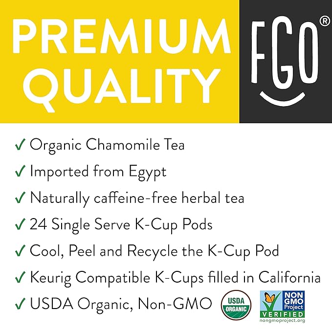 FGO Organic Chamomile Tea K-Cup Pods for Keurig, 24 Count (Pack of 1), Naturally Caffeine-Free Herbal Tea, USDA Organic, Non-GMO, & Recyclable