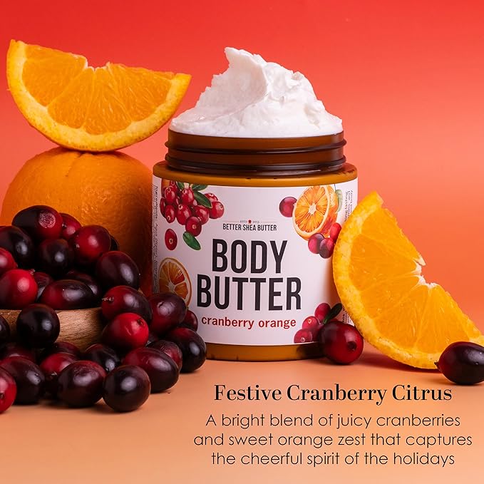 Cranberry Orange Body Butter with Raw Shea Butter and Jojoba Oil, Holiday Body Moisturizer for Dry Skin, Christmas Lotion, Limited Edition