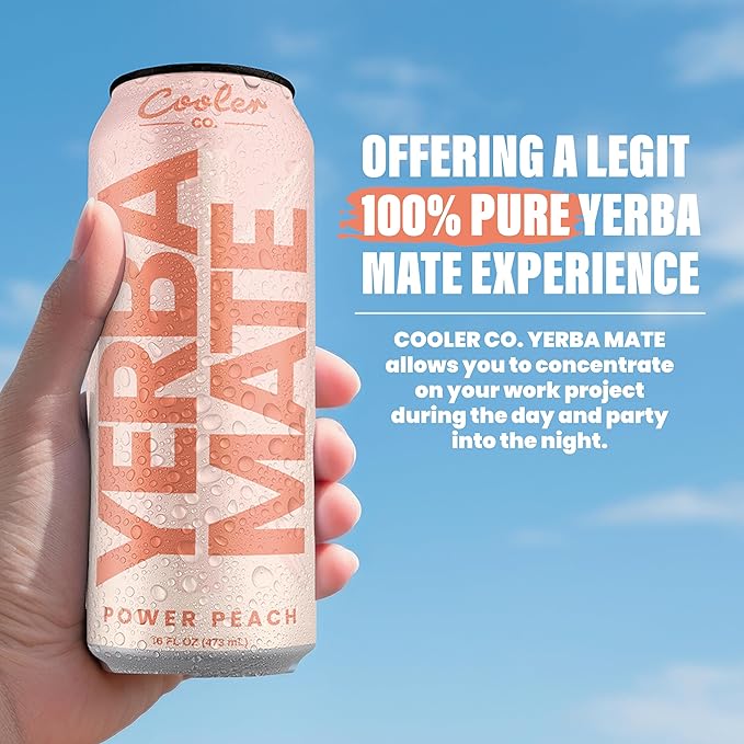 COOLER CO. | YERBA MATE | 12 Pack | 100% Organic Yerba Mate Caffeine | 150 mg Caffeine | 3 Organic Ingredients | Natural Ingredients | No Artificial Colors or Stimulants | Power Peach Flavor