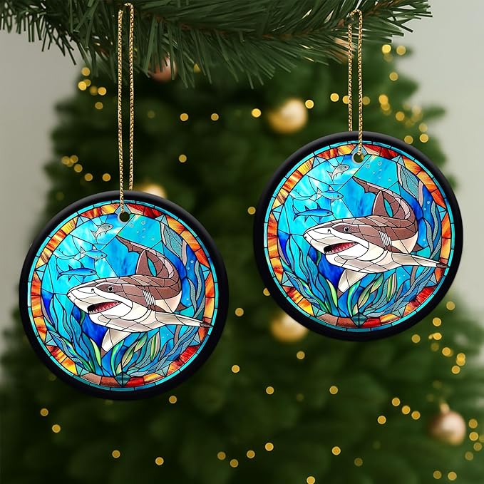 34HD Gifts for Christmas, 2.9"" Ceramic Hanging Ornament for Christmas Tree, Lightweight Both Sides Printed Flat Ornament, Christmas Decoration, Shark