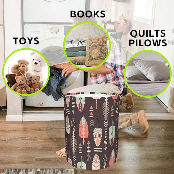 Aztec Feather Laundry Basket Foldable Laundry Hamper Waterproof Oxford Cloth Large Laundry Basket Clothes Storage Bucket Toy Organizer For Bathroom, Laundry, College 17.3 x16.5 Inch