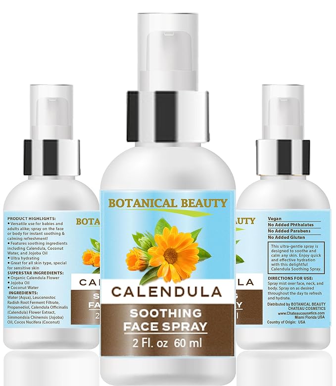 Botanical Beauty Calendula Face Spray - Soothing, Hydrating Mist for Sensitive Skin, Face & Body - 100% Natural, Unscented, Vegan - Eczema, Acne, Dry Skin Relief 2 Fl Oz - 60 ml.
