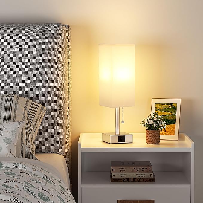 aooshine White Small Table Lamp for Bedroom - 3 Color Temperature 3000K 5000K 4000K Bedside Lamp, Pull Chain Control, USB A and C Ports, Light Gold Base, Bulb Included