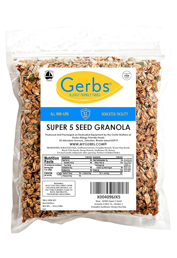 Gerbs Super 5 Seed Granola, 2 LBS - Top 14 Food Allergy Free & Non GMO - Keto Safe &Unsulfured - Pumpkin, Sunflower, Chia, Hemp, Flax Seeds
