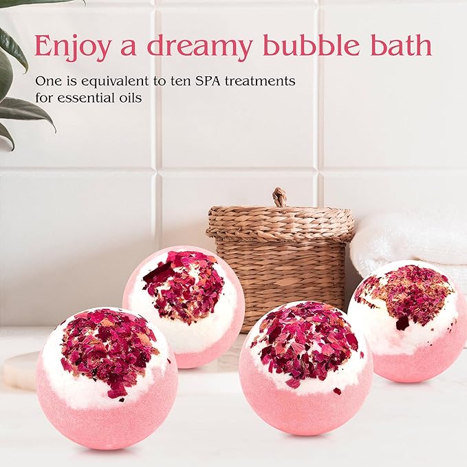 Dried Flower Bath Bombs Salt Balls,4-Pack Gift Set,Rose Extract Essential Oils,Moisturizing Dry Skin,Fizzy Spa,Relaxation,Self Care,Relaxing,Bubble Bath Bomb Gifts Idea for Men Women