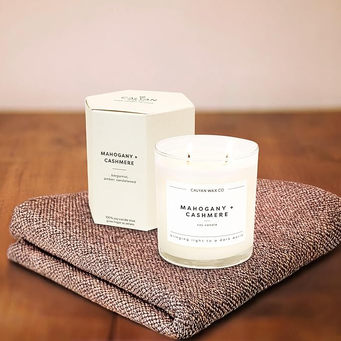 Calyan Wax Mahogany & Cashmere Scented Candle, 37 Hour Burn Time, Aromatherapy Soy Candles, Non Toxic & Vegan Soy Wax, Glass Tumbler Scented Candles, 12.5oz