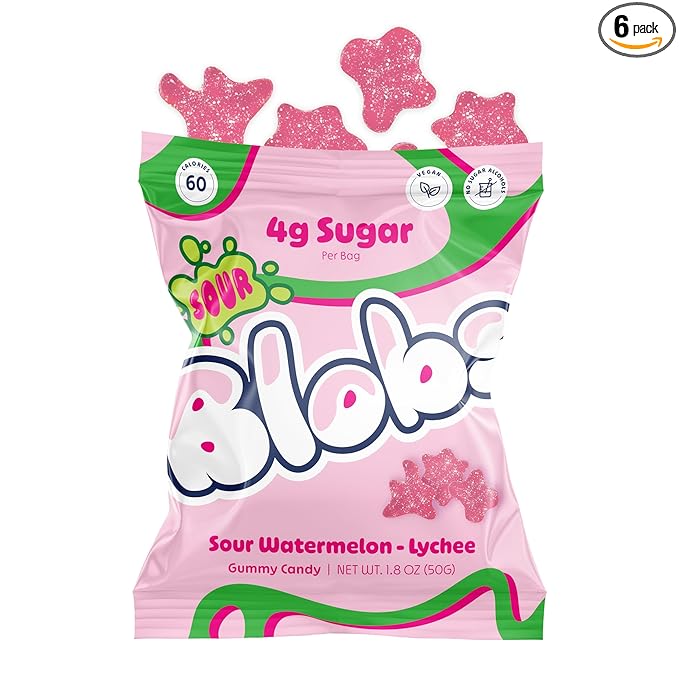 Blobs SOUR Gummy Candy Low Sugar, Low Calorie, Gluten Free for Kids & Adults - No Sugar Alcohols, Vegan, No Dyes - 1.8 oz per Bag (Pack of 6) - Watermelon Lychee