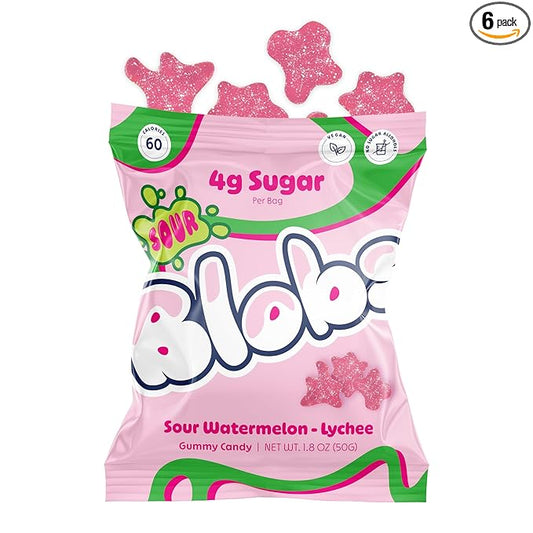 Blobs SOUR Gummy Candy Low Sugar, Low Calorie, Gluten Free for Kids & Adults - No Sugar Alcohols, Vegan, No Dyes - 1.8 oz per Bag (Pack of 6) - Watermelon Lychee