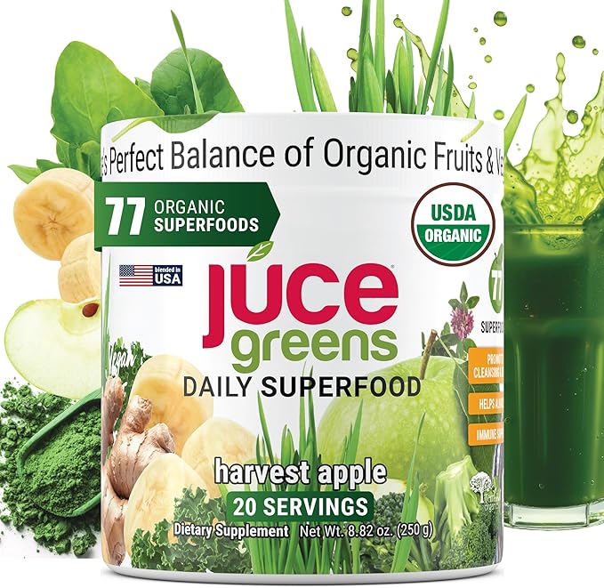 Terra Kai Organics JUCE Green Superfood Powder, Organic Fruits and Veggies Supplement W/ 77 Superfoods Plus Prebiotic Probiotic Blend, Harvest Apple Flavor - 20 Servings (250 g)