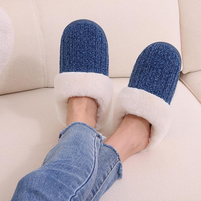 Evshine Warm Knit House Slippers for Women Comfy Wool-Like Lined Chenille Slippers with Memory Foam and Indoor Outdoor Soles