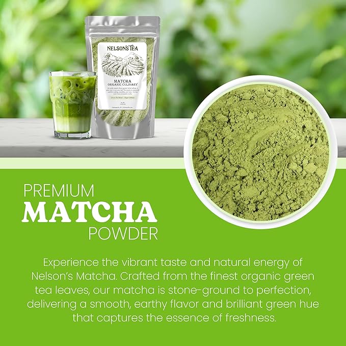 Nelson's Tea Organic Matcha Powder – Premium Culinary Grade Green Tea for Lattes, Smoothies & Cooking – Versatile, Antioxidant-Rich Powder Ideal for Healthy Recipes, Baking & Beverages – 2 oz