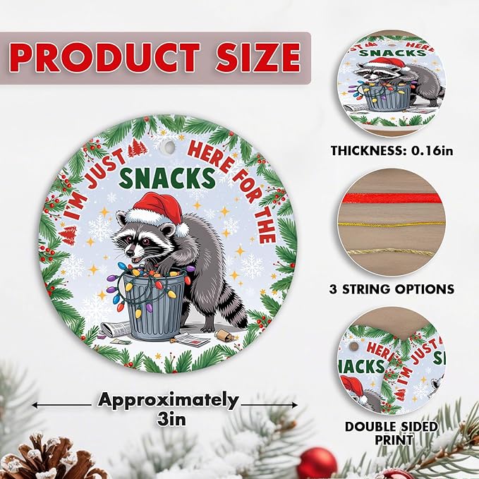 Funny Raccoon Christmas Ornaments 2025 - Im Just Here Ceramic Tree Decoration, 2-Sided UV Print, for Men Women, Rustic Xmas Decor