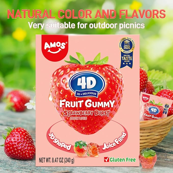 AMOS 4D Gummy Strawberry Burst Candy – Juice-Filled Strawberry-Shaped Gummy Candy, Gluten-Free Fruit Snacks, 8.47oz (240g)