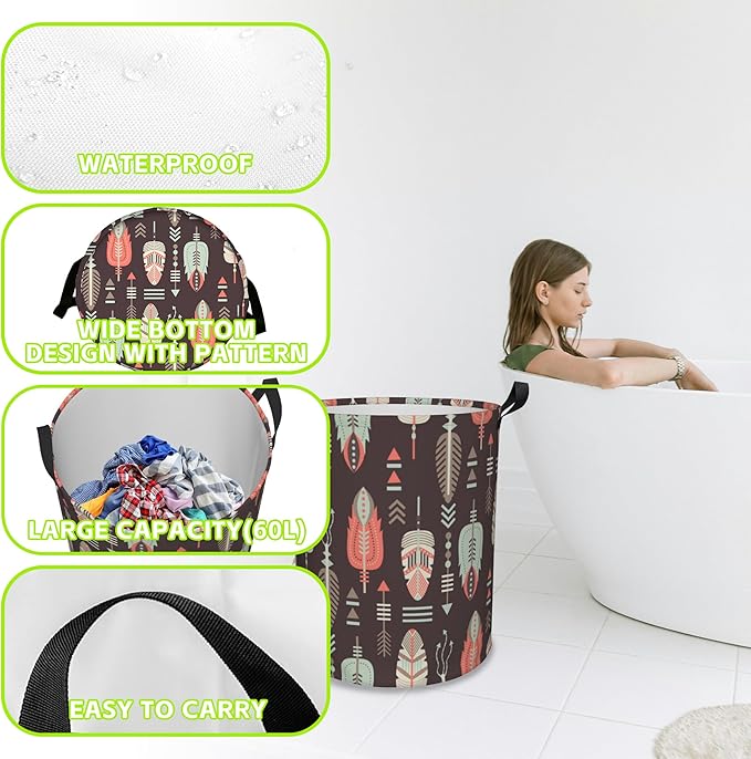 Aztec Feather Laundry Basket Foldable Laundry Hamper Waterproof Oxford Cloth Large Laundry Basket Clothes Storage Bucket Toy Organizer For Bathroom, Laundry, College 17.3 x16.5 Inch