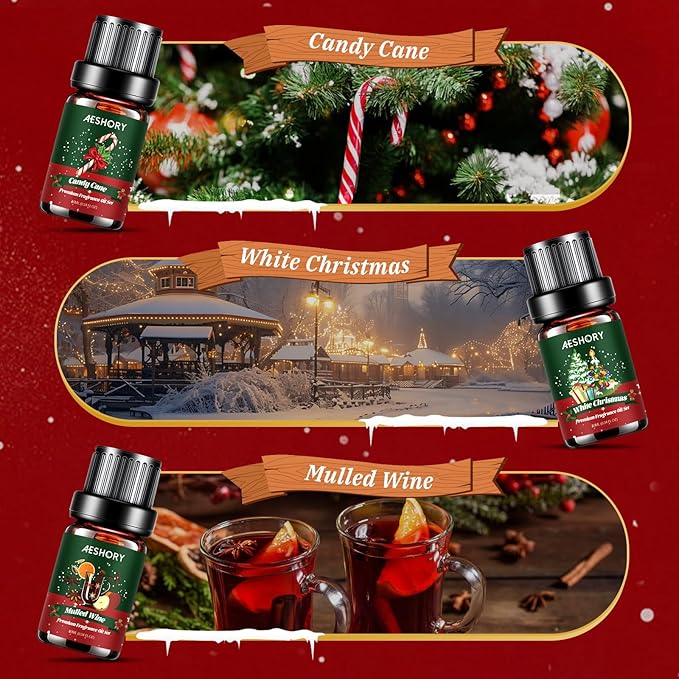 Christmas Fragrance Oil Set, 6 Premium Winter Essential Oils for Diffuser, Scented Oils Gift for Soap & Candle Making, Candy Cane, Fireside Treats, Apple Spice, Mulled Wine, White Christmas, Cookies