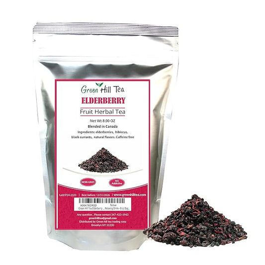 Green Hill Tea Elderberry Herbal Tea - Immune System Boosting Fruit Herbal Tea Blend - Caffeine-Free Relaxing Drink - resealable foil bag 8 OZ