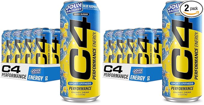 Cellucor C4 Performance Energy Drink | JOLLY RANCHER Blue Raspberry | Zero Sugar Carbonated Preworkout Energy | 200mg Caffeine with Beta Alanine | 16 Fl Oz (24 Pack)