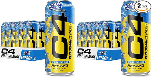 Cellucor C4 Performance Energy Drink | JOLLY RANCHER Blue Raspberry | Zero Sugar Carbonated Preworkout Energy | 200mg Caffeine with Beta Alanine | 16 Fl Oz (24 Pack)