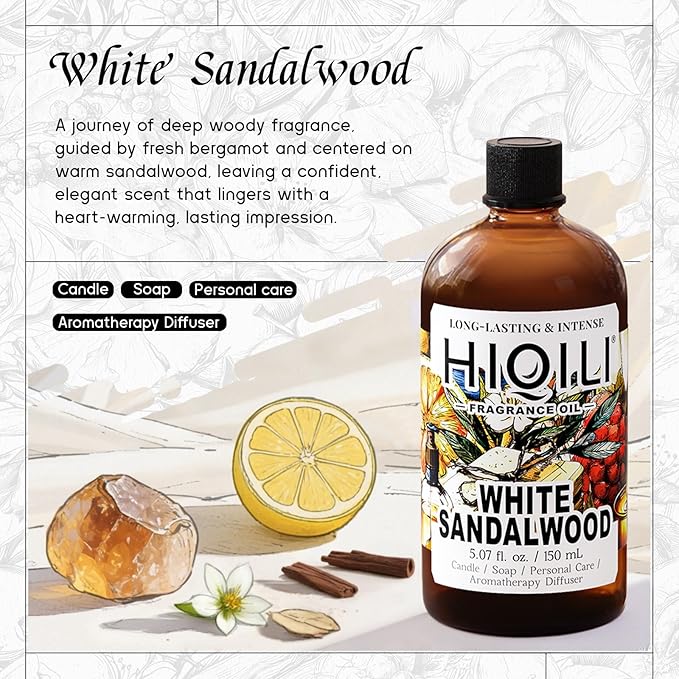HIQILI White Sandalwood Fragrance Oil for Making Candle, Scented Home Decor, Room Spray, Skin & Body, Essential Oil Diffuser - 5.07 Fl Oz