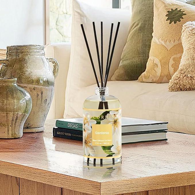 Cocorrína Reed Diffuser Refill Gardenia 17oz (500ml) with 8 Sticks - Premium Long-Lasting Scented Oil, Home Fragrance for Bedroom, Bathroom Home Decor