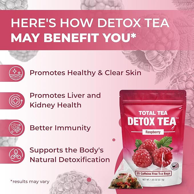 Total Tea SIimming Detox Tea Caffeine Free - 25 Day Detox - Herbal Tea with Chamomile, Hibiscus Tea & Ginger Root for Colon Cleanse – Natural Raspberry Herbal Tea