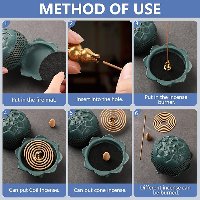 Ceramic Lotus Incense Burner with Incense Stick Holder,Handmade Smudging Burn Bowl Use for Stick/Coil Incense,Sage and Mosquito Incensel (Lotus 01)