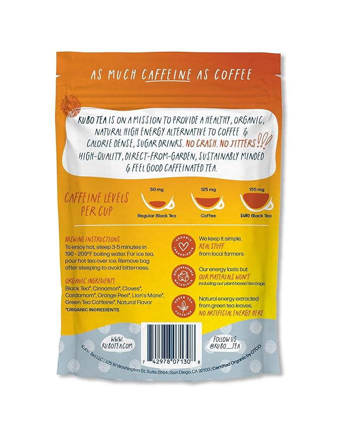 Kubo Tea Lion's Mane Black Tea - High Caffeine Coffee Substitute w/ 20 Servings (155mg Caffeine Each) - Organic Lion's Mane Tea Bags with Pillow Bag Design, Biodegradable and Compostable Packaging