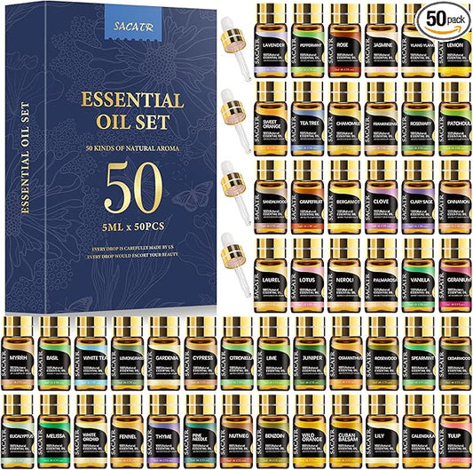 50 Pcs Essential Oils by SACATR Natural Essential Oil Set -Essential Oils Gift Set for Diffuser, Home Care, DIY Candle and Soap Making(50 * 5ML)