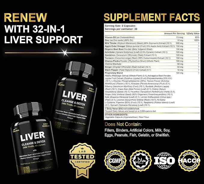 32 in 1 Liver Cleanse Detox & Repair Formula with Apple Cider Vinegar, Milk Thistle Supplement, Artichoke, Dandelion Root Supplement - Non-GMO & Vegan Herbal Liver Support & Repair