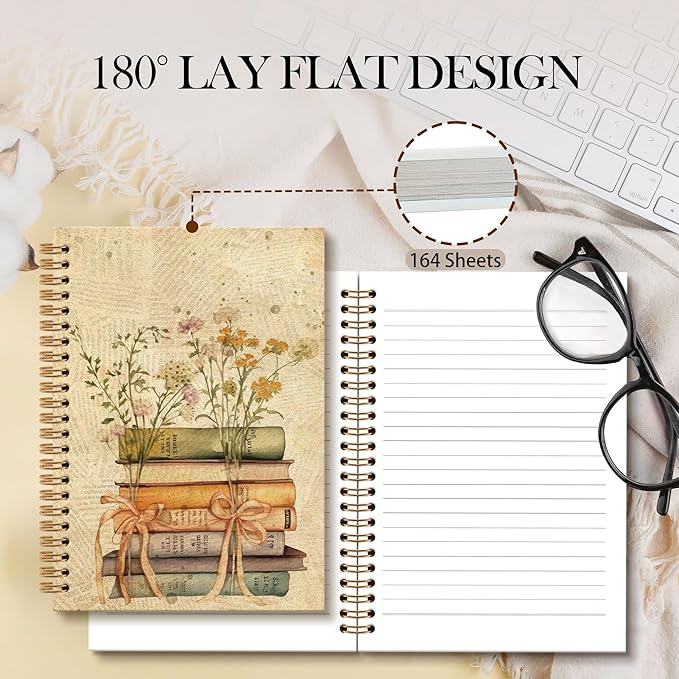 Book Floral Notebook Journal - Vintage Floral Journal, Vintage Flower Bow Book Lovers Spiral Notebook, Vintage Notebooks Gifts for Women, Book Lovers Gifts School Office Supplies, 6x8.2In