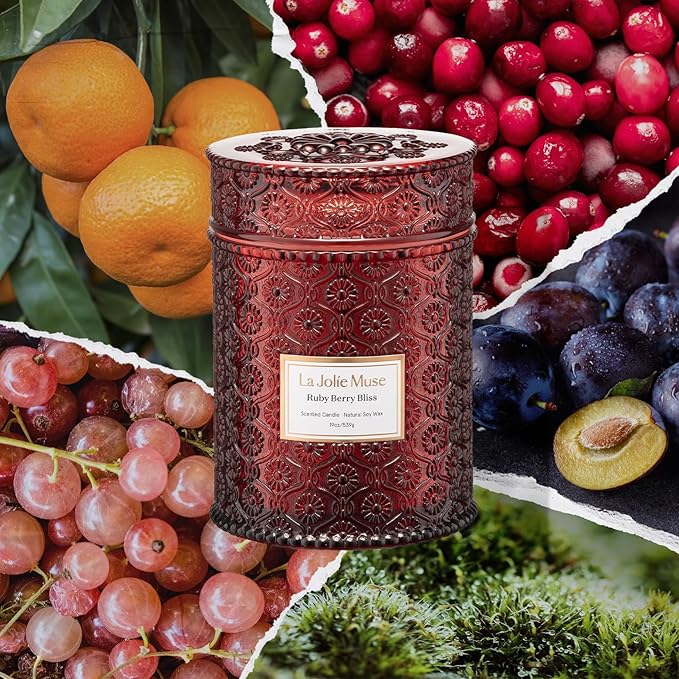 LA JOLIE MUSE Ruby Berry Bliss Scented Candle – Mandarin, Cranberry & Plum | 19 oz Festive Fall Candle | Wooden Wick | Clean Burn & Vibrant Scent | Fun Gift for Hosts & Fall Tablescapes