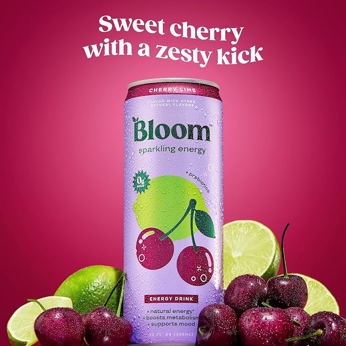 Bloom Nutrition Sparkling Energy Drink - Natural Caffeine, Zero Sugar, 180mg Caffeine - Antioxidant-Rich w/Green Coffee Bean, Green Tea Extract, Prebiotics - Cherry Lime - 12oz 12 pk