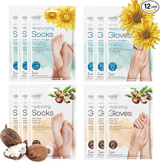 Epielle Hydrating & Moisturizing Hand & Foot Masks 12 Pairs, Relieve and Soften Dry Hands & Cracked Heels with Shea Butter & Sunflower Seed Oil, Korean Skin Care, Spa Set, Self Care Gifts for Women