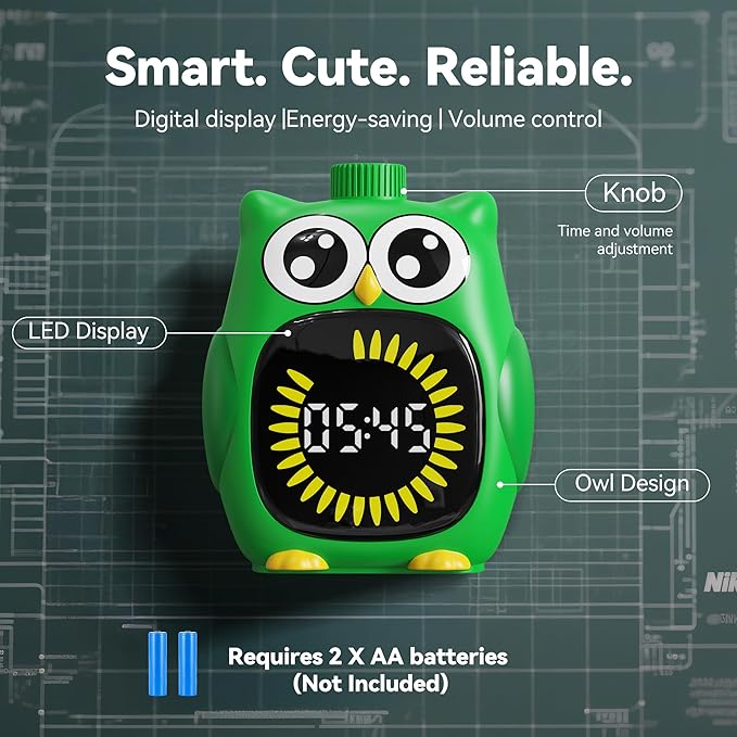 Doli Yearning Visual Timer for Kids, Owl Digital Countdown Timer (Green)