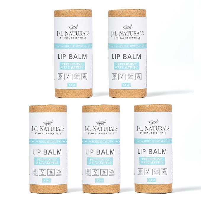 J&L Naturals Sustainable Lip Balm | Organic Ingredients, 100% Natural, Eco-Friendly | Cruelty Free, Vegan, Paraben Free, Silicone Free (Peppermint & Eucalyptus, 5-Piece Bundle)