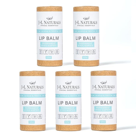 J&L Naturals Sustainable Lip Balm | Organic Ingredients, 100% Natural, Eco-Friendly | Cruelty Free, Vegan, Paraben Free, Silicone Free (Peppermint & Eucalyptus, 5-Piece Bundle)