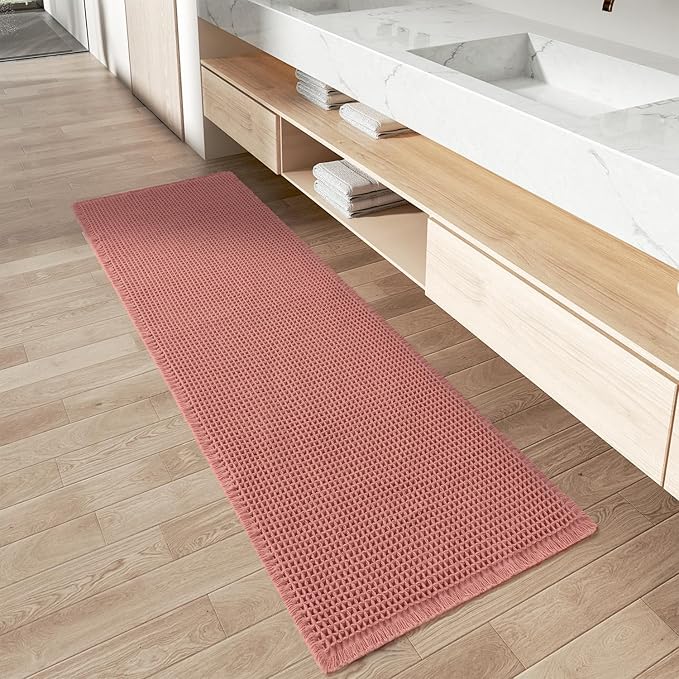 AMOAMI Upgraded Waffle Runner Rug Super Absorbent Non Slip Bath Mats for Bathroom Machine Washable Bathroom Runner Rug with Tassels, Ideal for Hallway Bedroom Laundry Room, Coral, 2'x 6'(24" x 72")