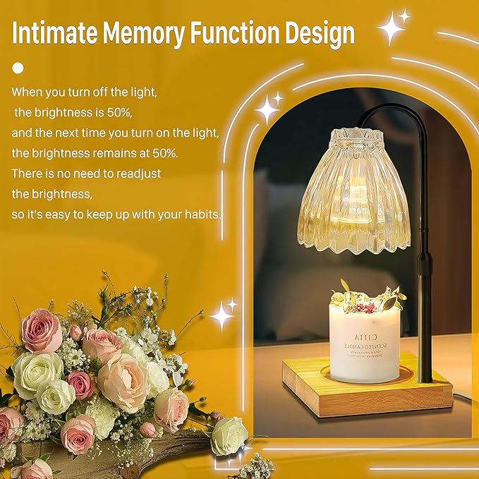 Candle Warmer Lamp with Timer, Dimmable Melted Wax Warmer with Two Bulbs, Height Adjustable Candle Lamp for Bedroom, Living Room Home Decor, House Warming Gift (Black Pole + White Lampshade)