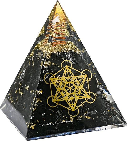 Amazing Gemstone Organite Orgone Pyramid Extra Large 105 MM - Metatron Cube Orgone Energy Pyramid with Black Tourmaline Crystals and Healing Stone - Orgonite Pyramids Crystals and Positive Energy