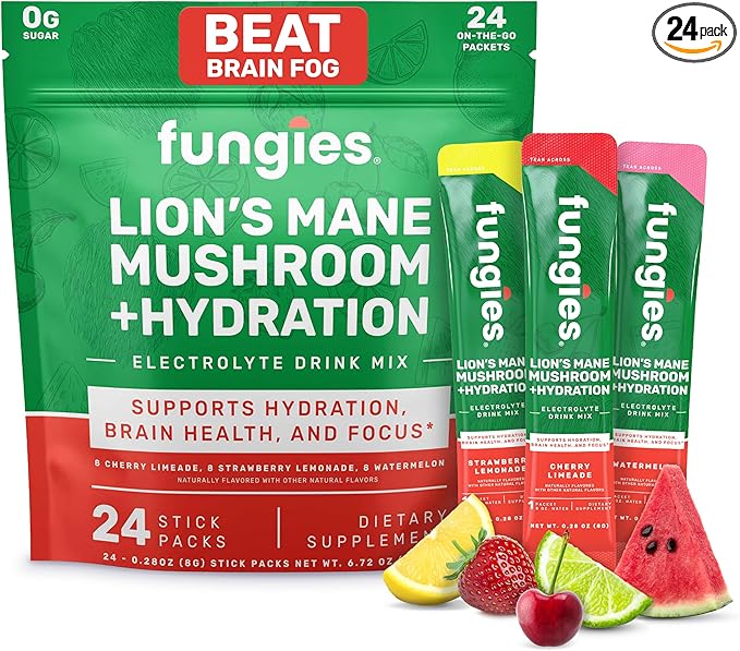 Fungies Electrolyte Drink Mix with Lion's Mane Mushroom & Essential Electrolytes, 24 Variety Pack - Sugar-Free Hydration Supplement Powder for Adults for Brain Health & Focus - Mushroom Supplement