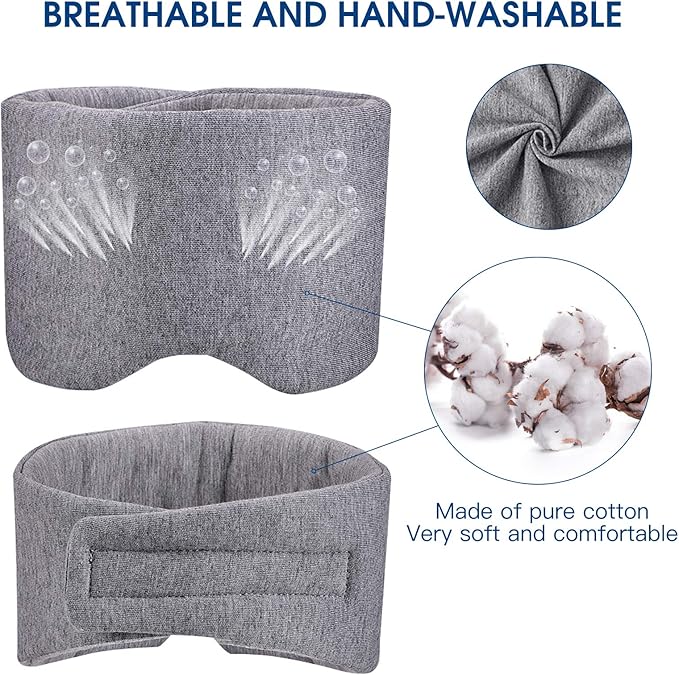 Cotton Sleep Mask for Men & Women, Handmade Eye Mask for Sleeping - Light Blocking/Breathable/Comfortable Blindfold, Eyeshade for Airplane/Nap/Travel with Earplugs (Light Gray)