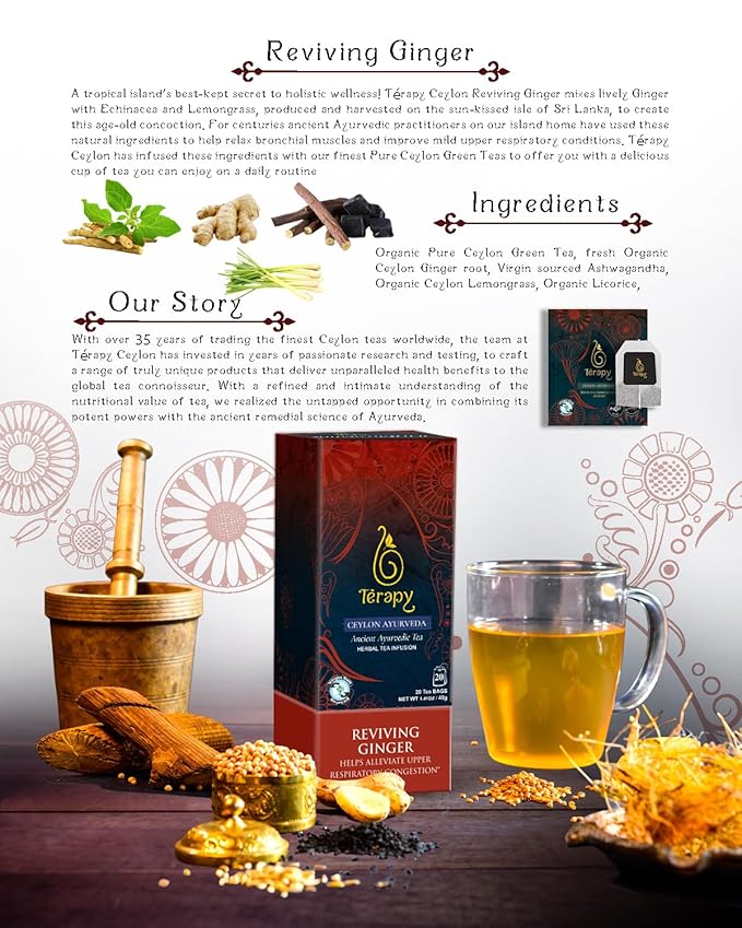 Térapy Ceylon GINGER & HONEY Tea | Organic Herbal Tea Bags | 100% Natural Ayurvedic Ingredients Including Organic Ginger, Wild Bee’s Honey, Ashwagandha & Lemongrass | 20 Individually Wrapped Tea Bags