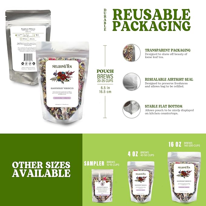 Nelson's Tea Raspberry Hibiscus Tea - Caffeine Free, Cut & Sifted Green Rooibos, Honeybush, Dried Raspberries, Acai, and Pomegranate Loose Leaf (2 oz)