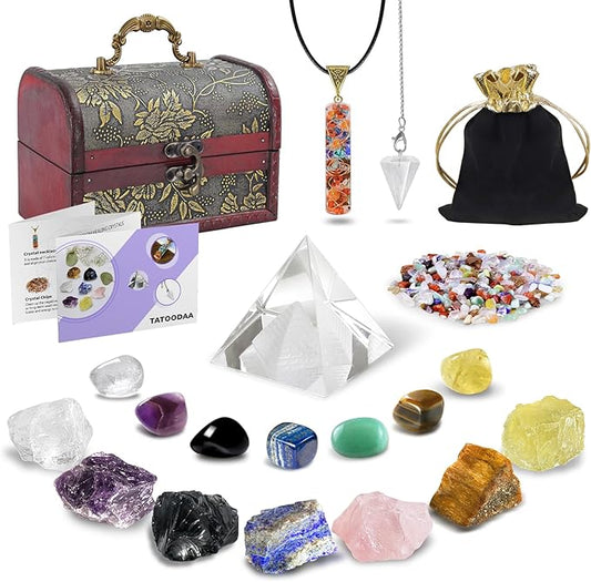 Crystals and Healing Stones, 21 Pcs Healing Crystals Set, 7 Chakra Crystal Stones Set Real Natural Raw Selenite Pyramid Reiki Energy Meditation Chakra Kit with Wooden Box, Crystal Gifts Set for Women