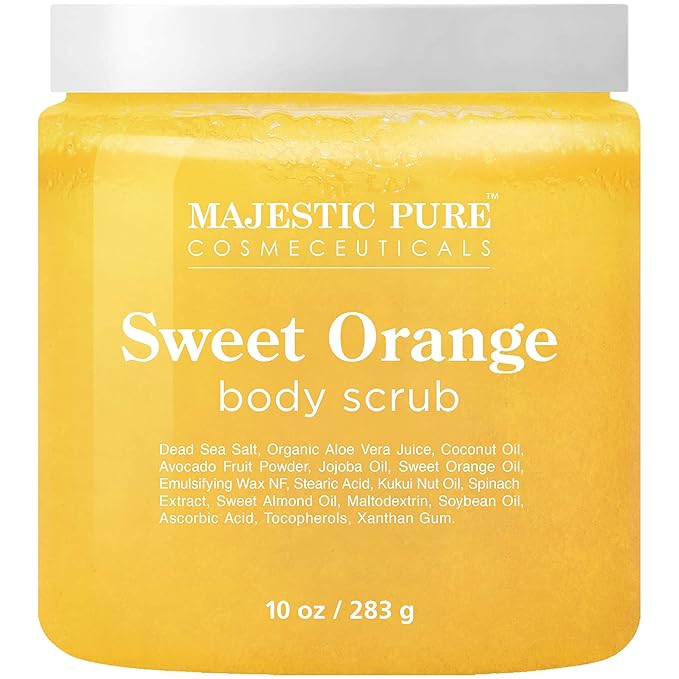 Majestic Pure Sweet Orange Body Scrub for All Natural Skin Care - Exfoliating Multi Purpose Body and Facial Scrub Moisturizes and Nourishes Face and Skin - 10 oz - Great Gift for Her